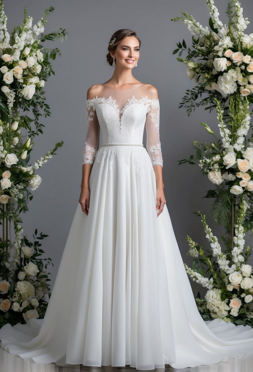 A bride standing in a modern off-the-shoulder 3/4 sleeve wedding dress, with a flowing skirt and intricate lace details, surrounded by elegant floral arrangements