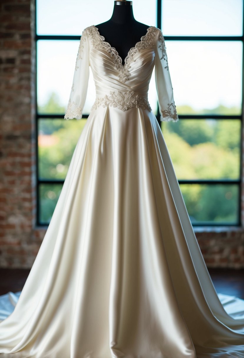 A flowing satin wedding dress with a fitted bodice and three-quarter sleeves, adorned with delicate lace and intricate beading