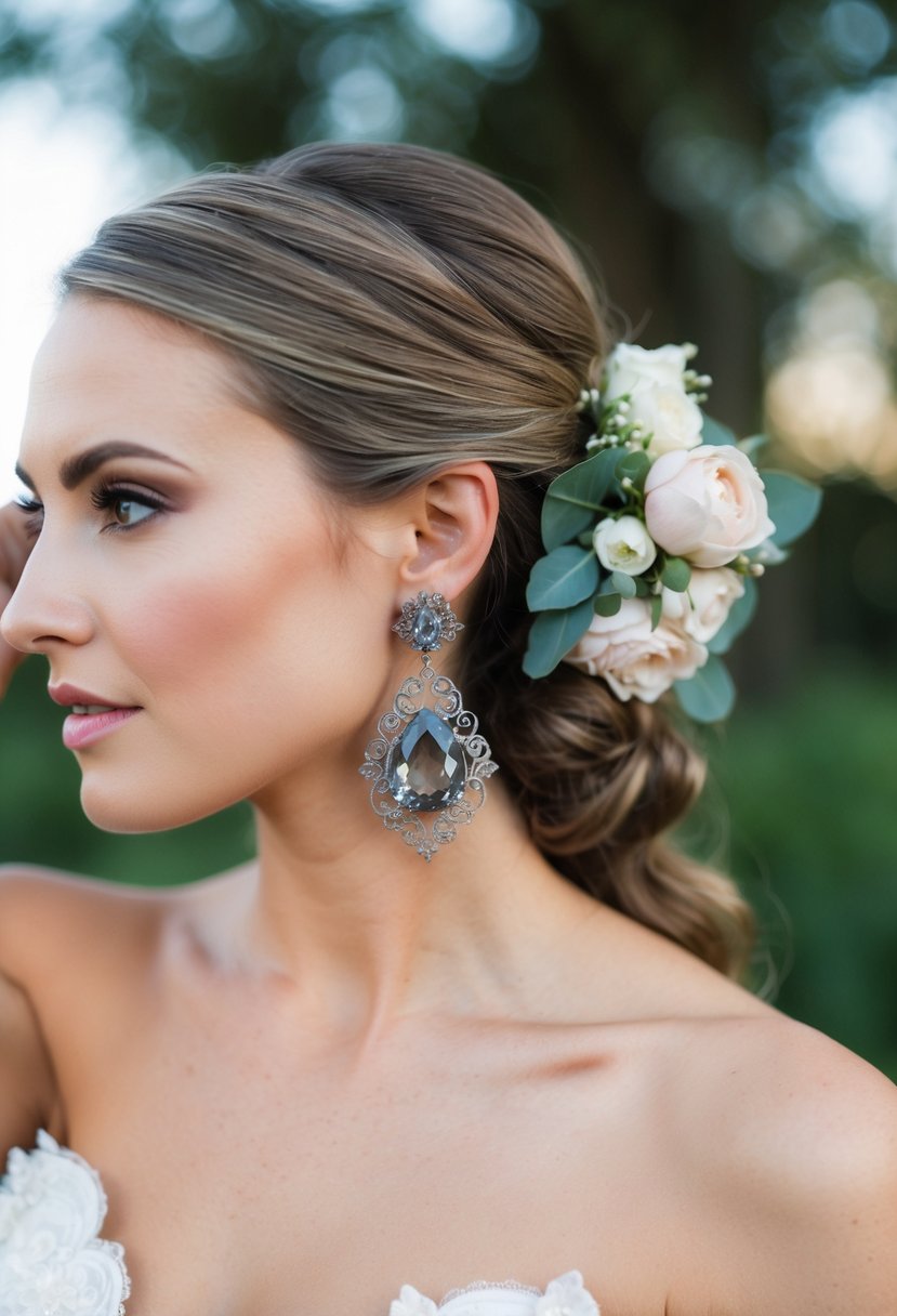 A bride delicately holds her hair back, showcasing her smokey gray quartz filigree earrings for her wedding day