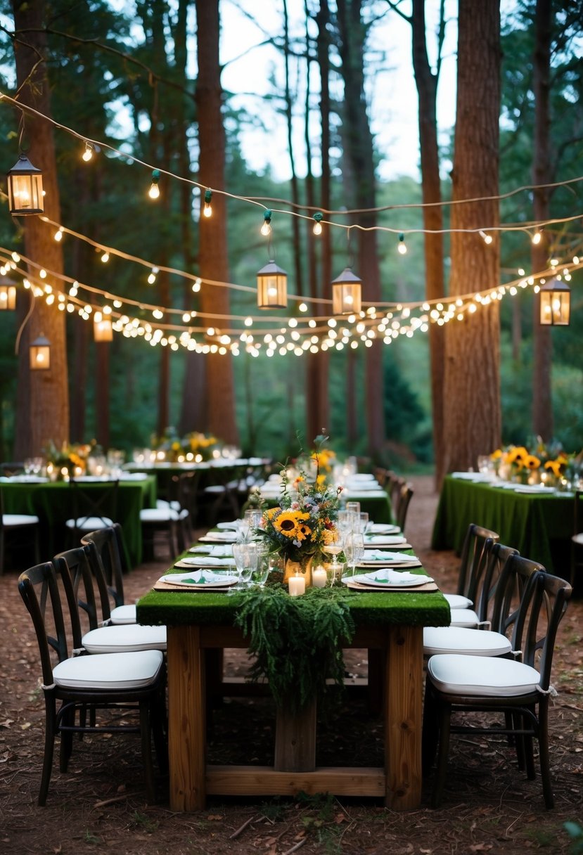 A woodland clearing adorned with fairy lights, moss-covered tables, wildflower centerpieces, and hanging lanterns, creating a magical atmosphere for a wedding celebration