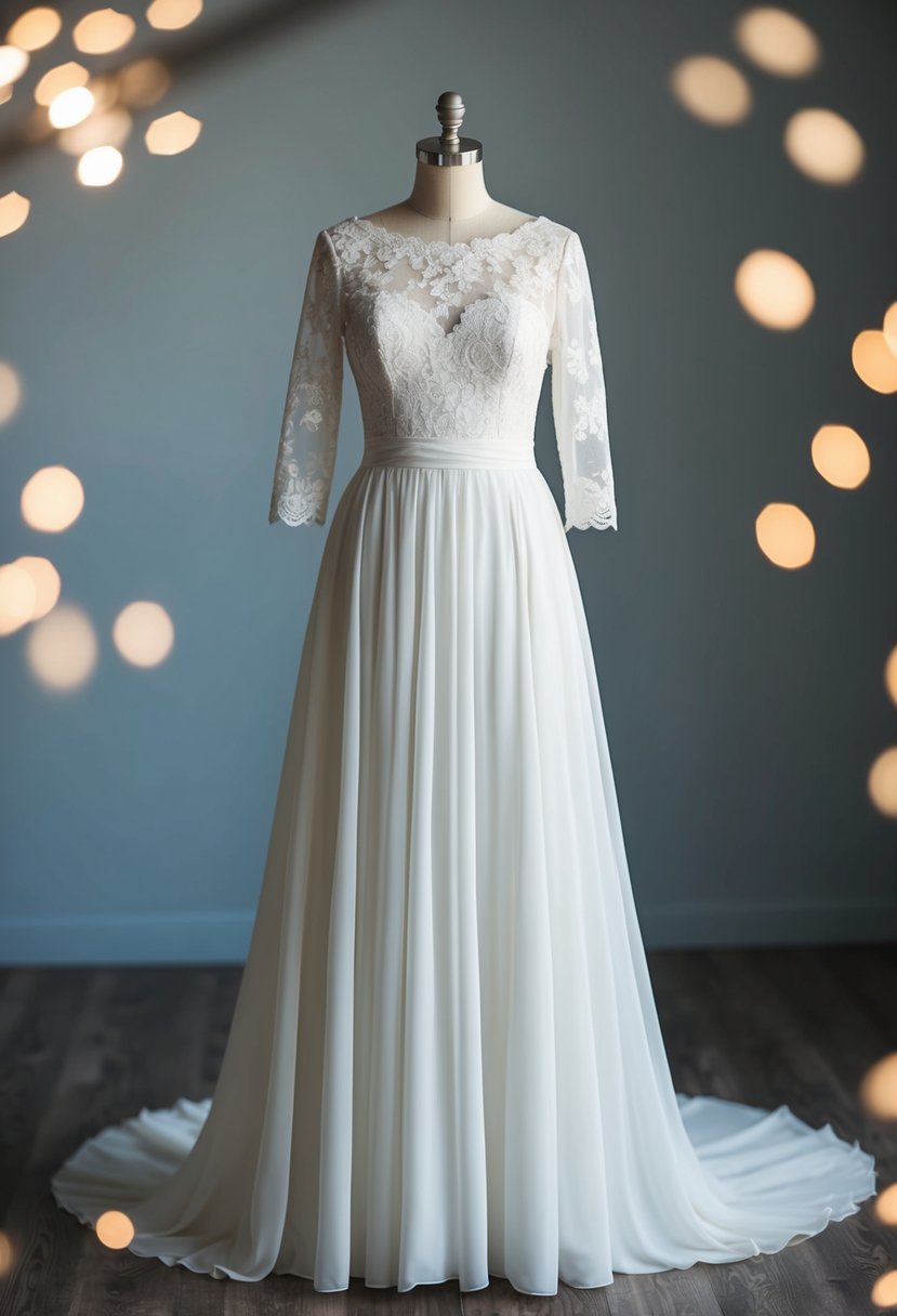 A flowing, elegant wedding dress with a timeless 3/4 sleeve design, featuring delicate lace and a classic white color scheme