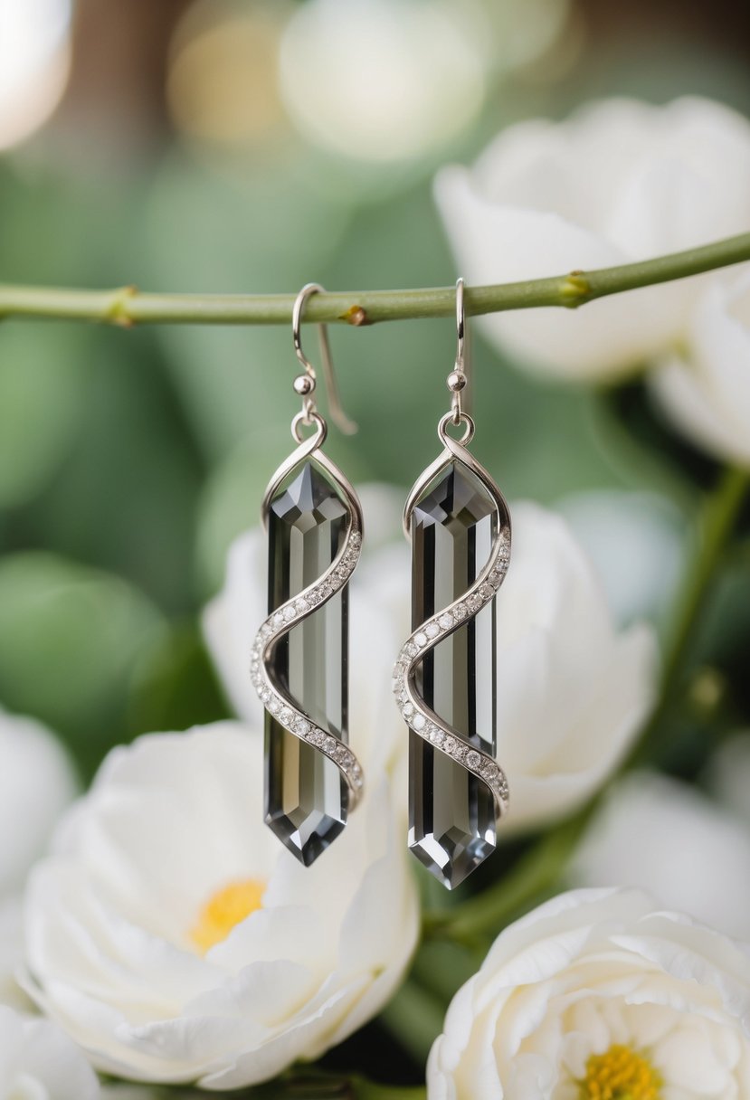 A pair of elegant vine earrings with smoky gray quartz crystals, evoking a romantic and enchanting atmosphere perfect for a wedding