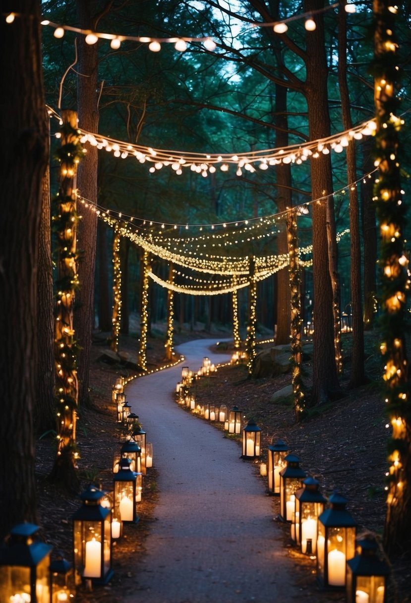 A winding path through a enchanting forest, adorned with twinkling fairy lights and lanterns, leading to a magical woodland wedding celebration