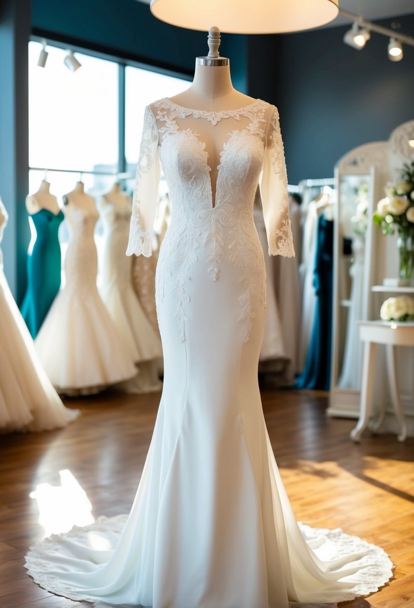 A mermaid fit wonder 3/4 sleeve wedding dress displayed on a mannequin in a sunlit bridal boutique