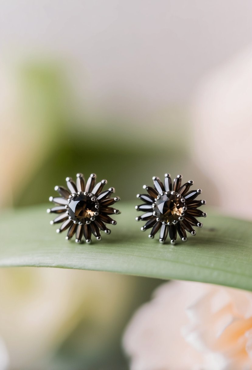 Two Sunburst Smoky Quartz Studs against a soft, dreamy background, evoking a romantic and elegant atmosphere for a wedding