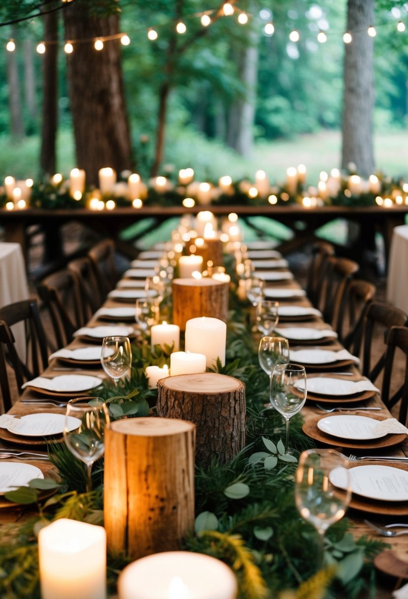 A table adorned with rustic wood centerpieces, surrounded by lush greenery and soft candlelight, creating a magical woodland wedding atmosphere