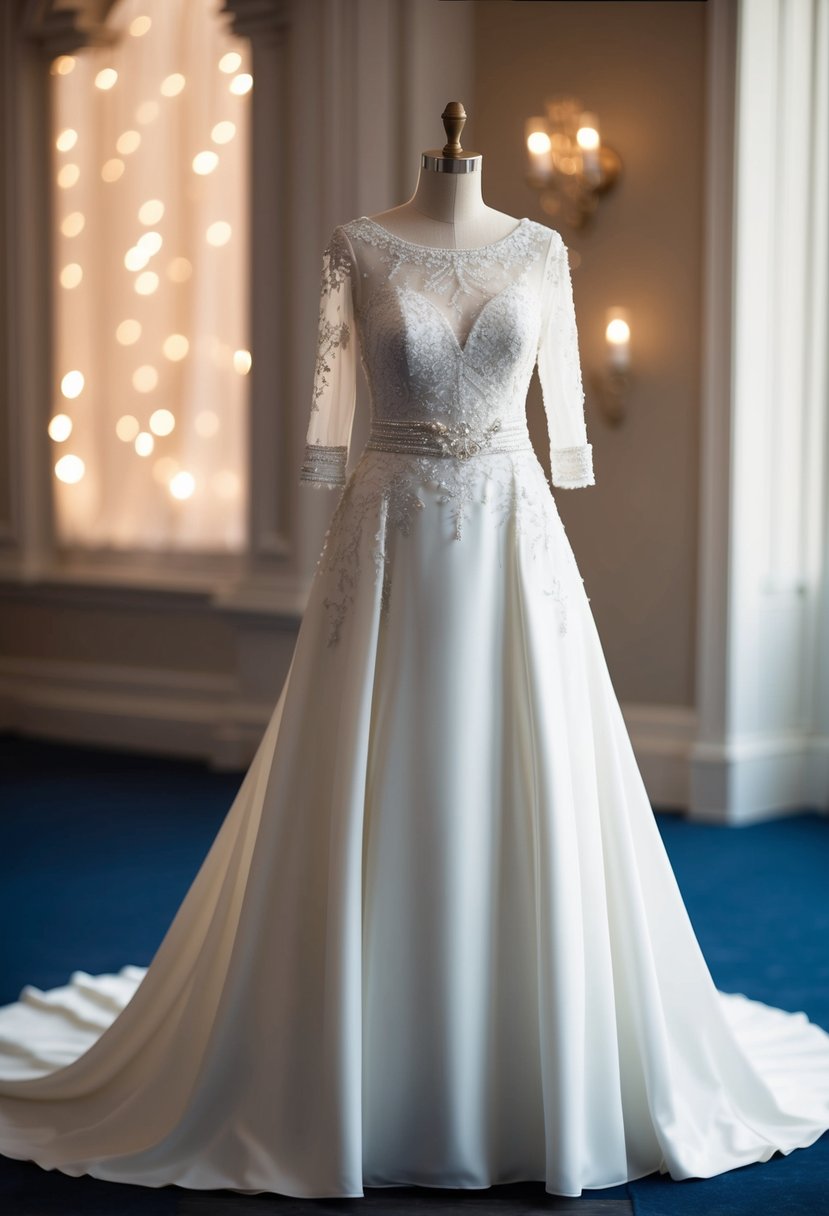 An elegant A-line wedding dress with 3/4 sleeves, adorned with delicate lace and intricate beading, flowing gracefully on a mannequin