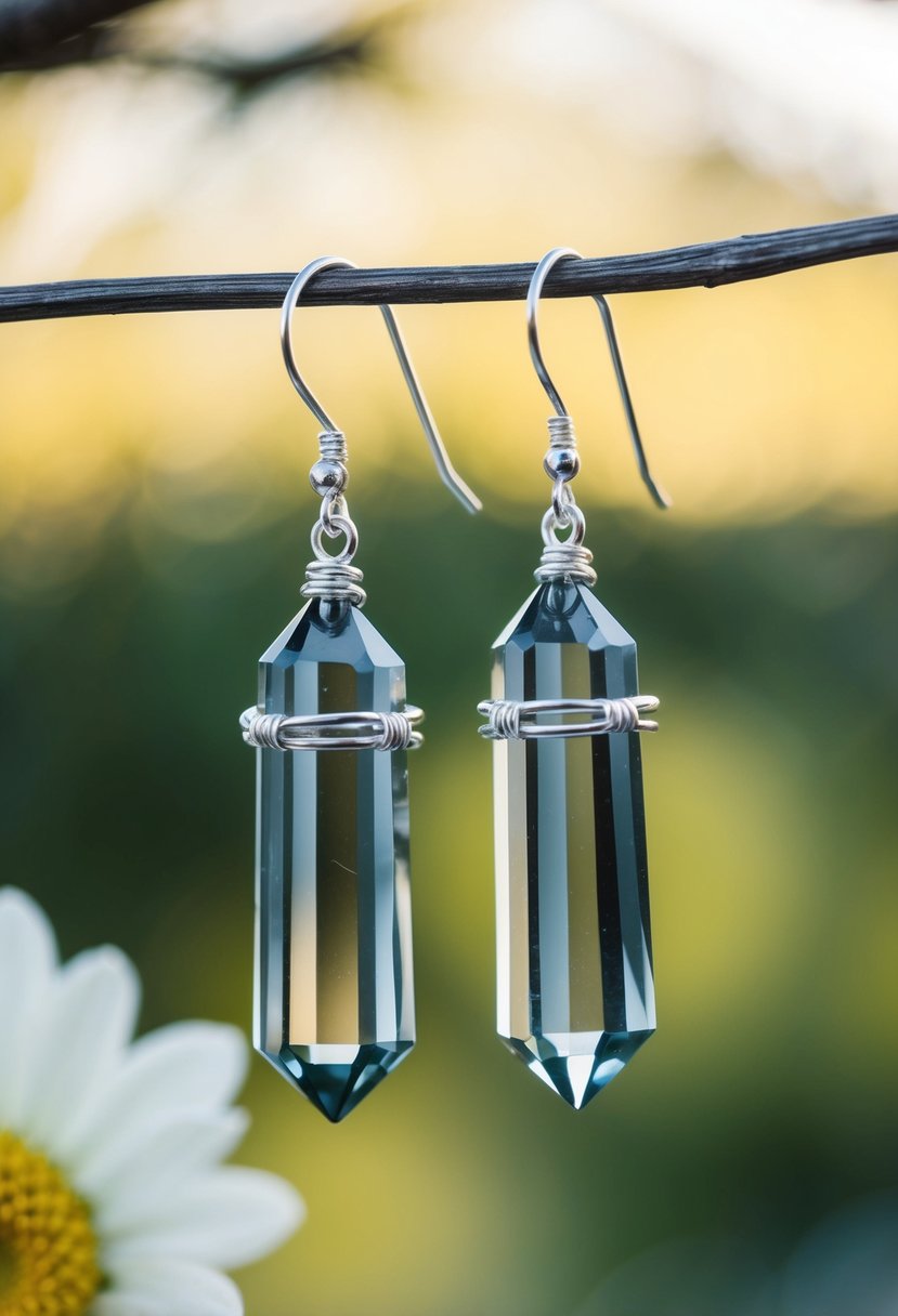 Smokey gray quartz crystal earrings suspended from silver wire, with a soft, romantic ambiance perfect for a wedding