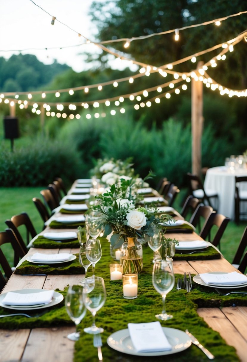 A rustic outdoor wedding reception with moss table runners, surrounded by lush greenery and twinkling fairy lights