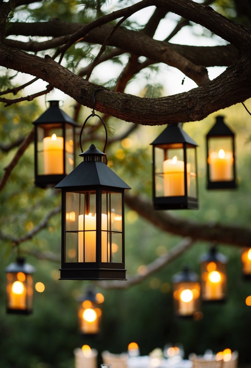 Lanterns and candles hang from tree branches, casting a warm glow over the woodland wedding celebration