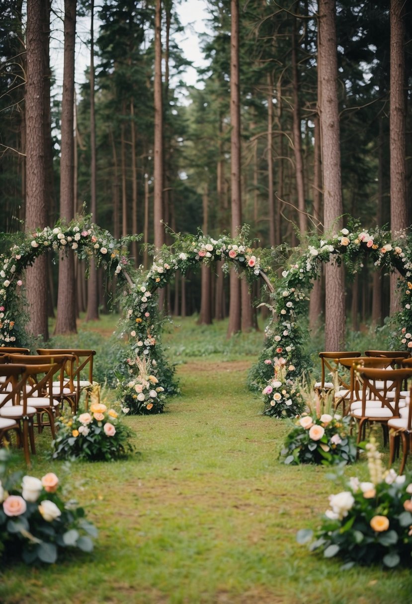 A serene forest clearing with ten floral arbor entrances, adorned with vibrant flowers and greenery, creating a magical atmosphere for a woodland wedding celebration