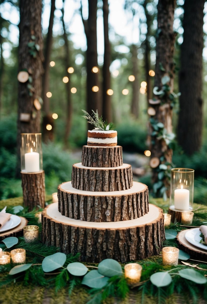 A rustic woodland wedding scene with tree slice cake stands, surrounded by natural elements and enchanting decor