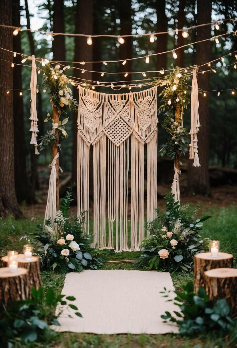 A cozy woodland clearing adorned with boho macramé backdrops, twinkling fairy lights, and lush greenery, creating a magical atmosphere for a woodland wedding celebration