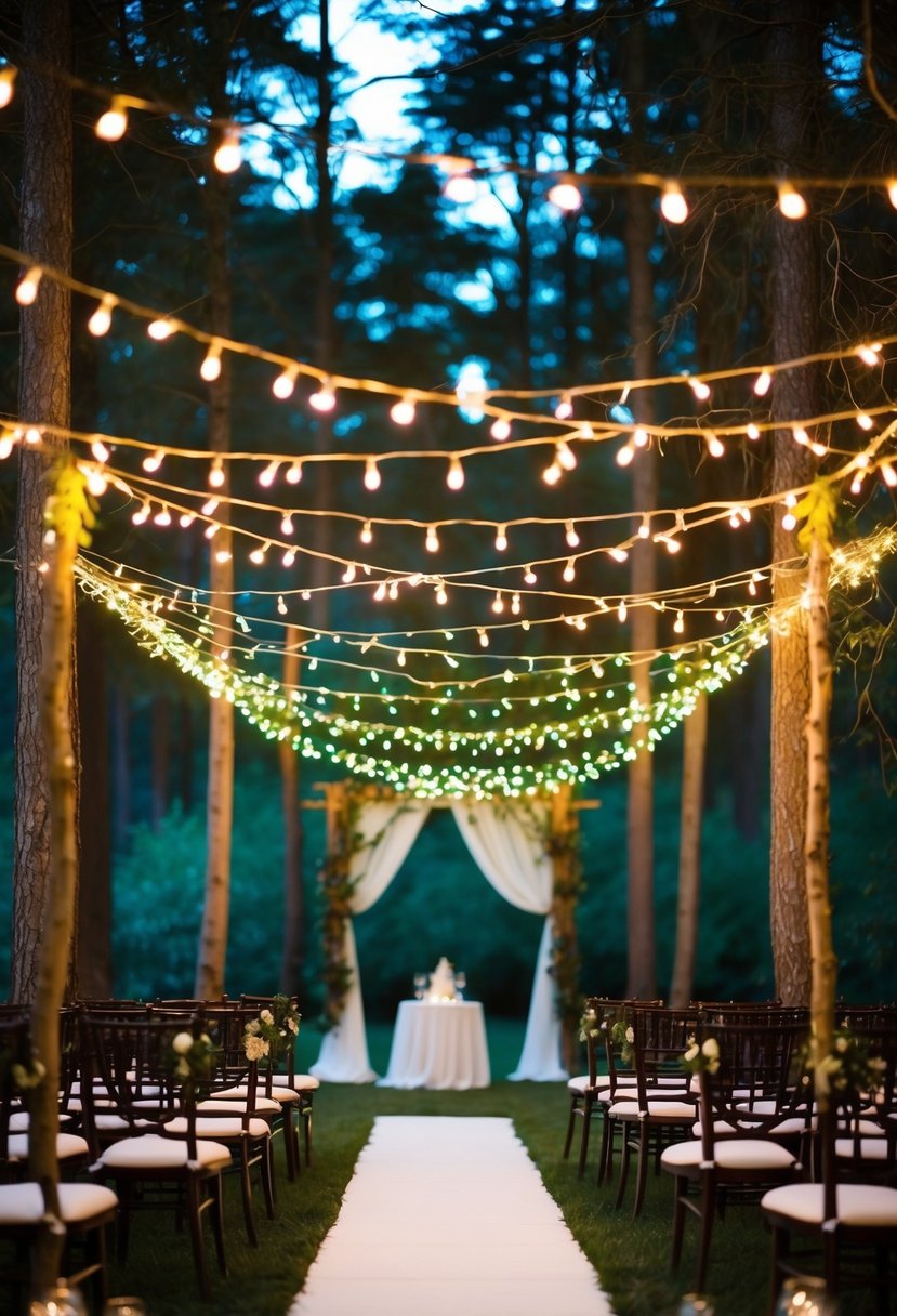 Twinkling LED Fairy Lights illuminate a whimsical woodland wedding setting, creating a magical atmosphere for a celebration