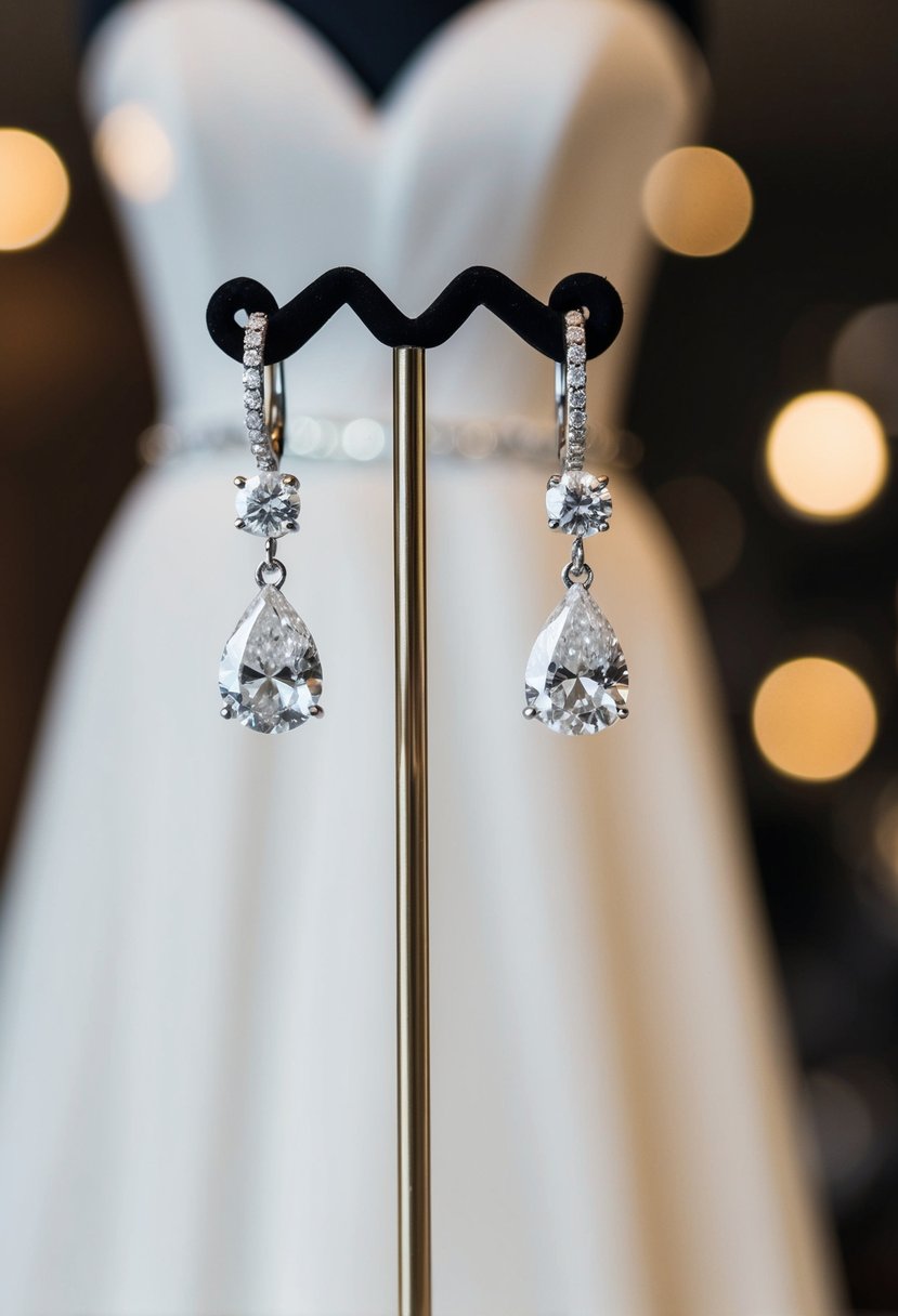 A delicate pair of diamond drop earrings hanging from a display stand, with a strapless wedding dress in the background