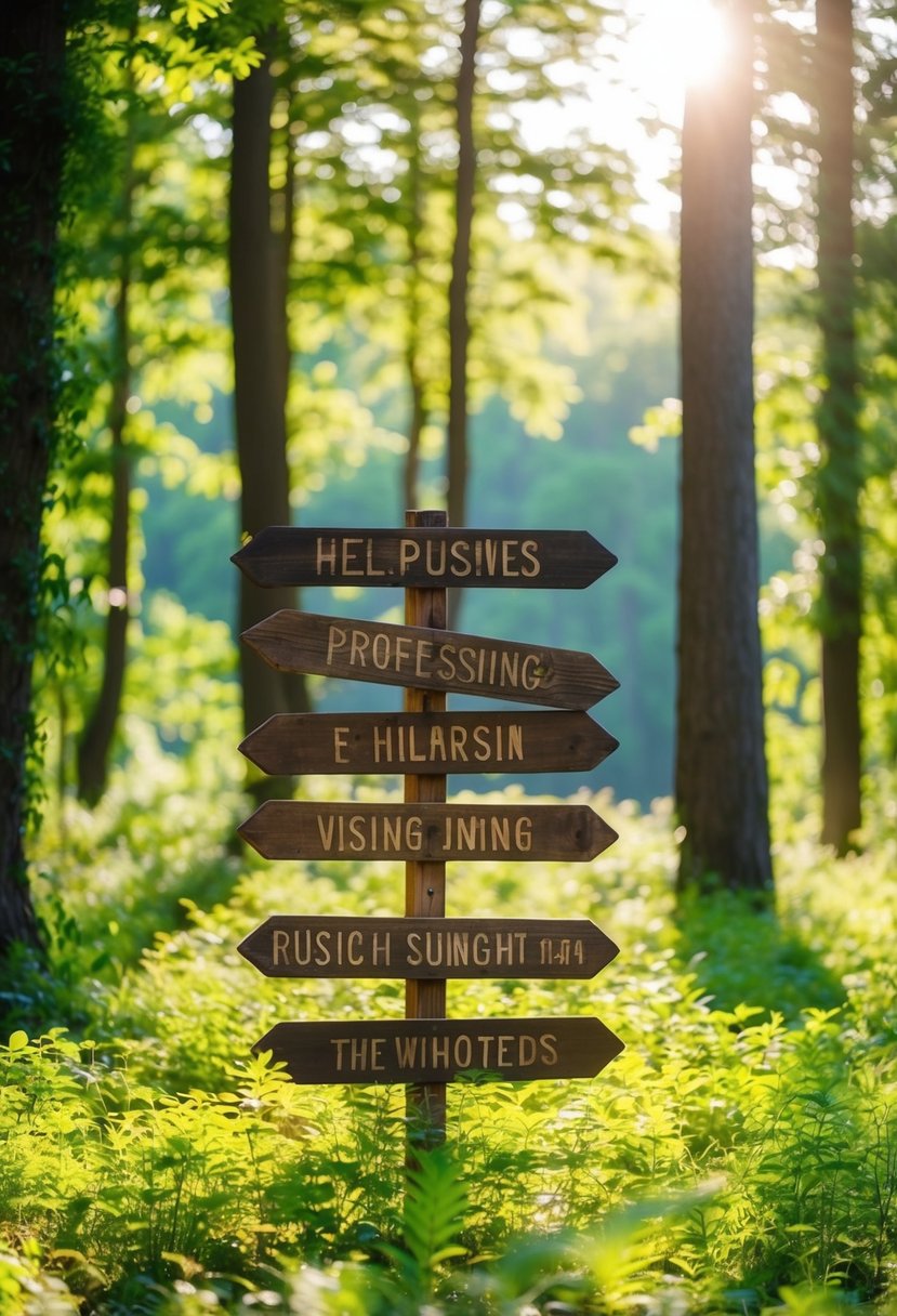 A forest clearing with rustic wooden signs, surrounded by lush greenery and dappled sunlight filtering through the trees