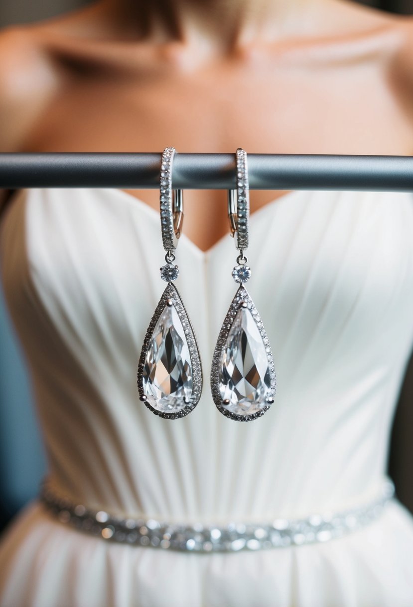 A pair of sparkling crystal drop earrings hanging against the backdrop of a strapless wedding dress