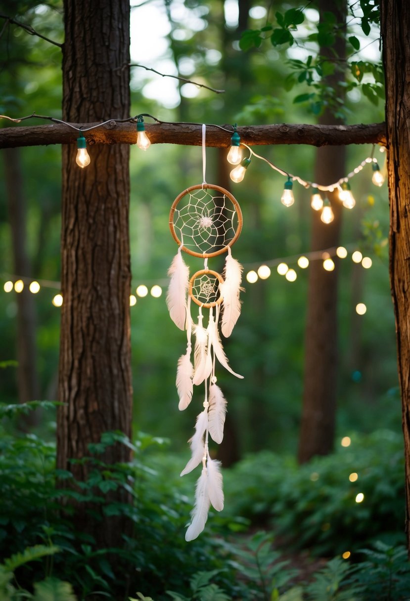 A woodland wedding scene with dreamcatcher decor hanging from trees, surrounded by twinkling string lights and lush greenery