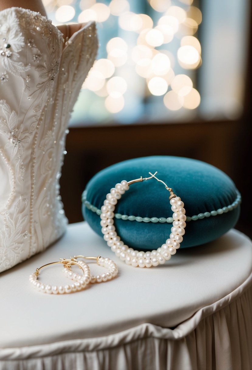 A pair of elegant pearl hoop earrings displayed next to a strapless wedding dress on a velvet cushion