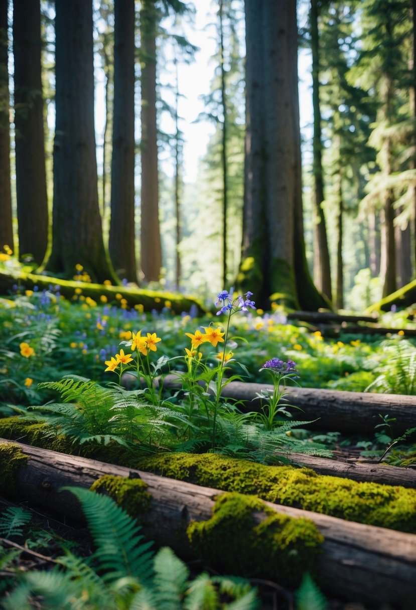 A lush forest clearing with wildflowers, ferns, and moss-covered logs, surrounded by towering trees and dappled sunlight