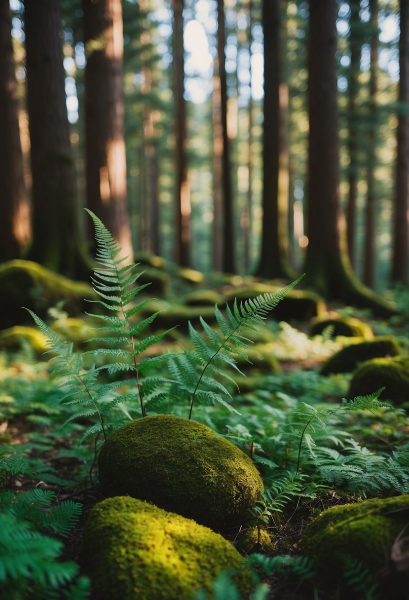 A serene forest clearing with delicate ferns, moss-covered rocks, and dappled sunlight filtering through the canopy, creating a magical atmosphere for a woodland wedding