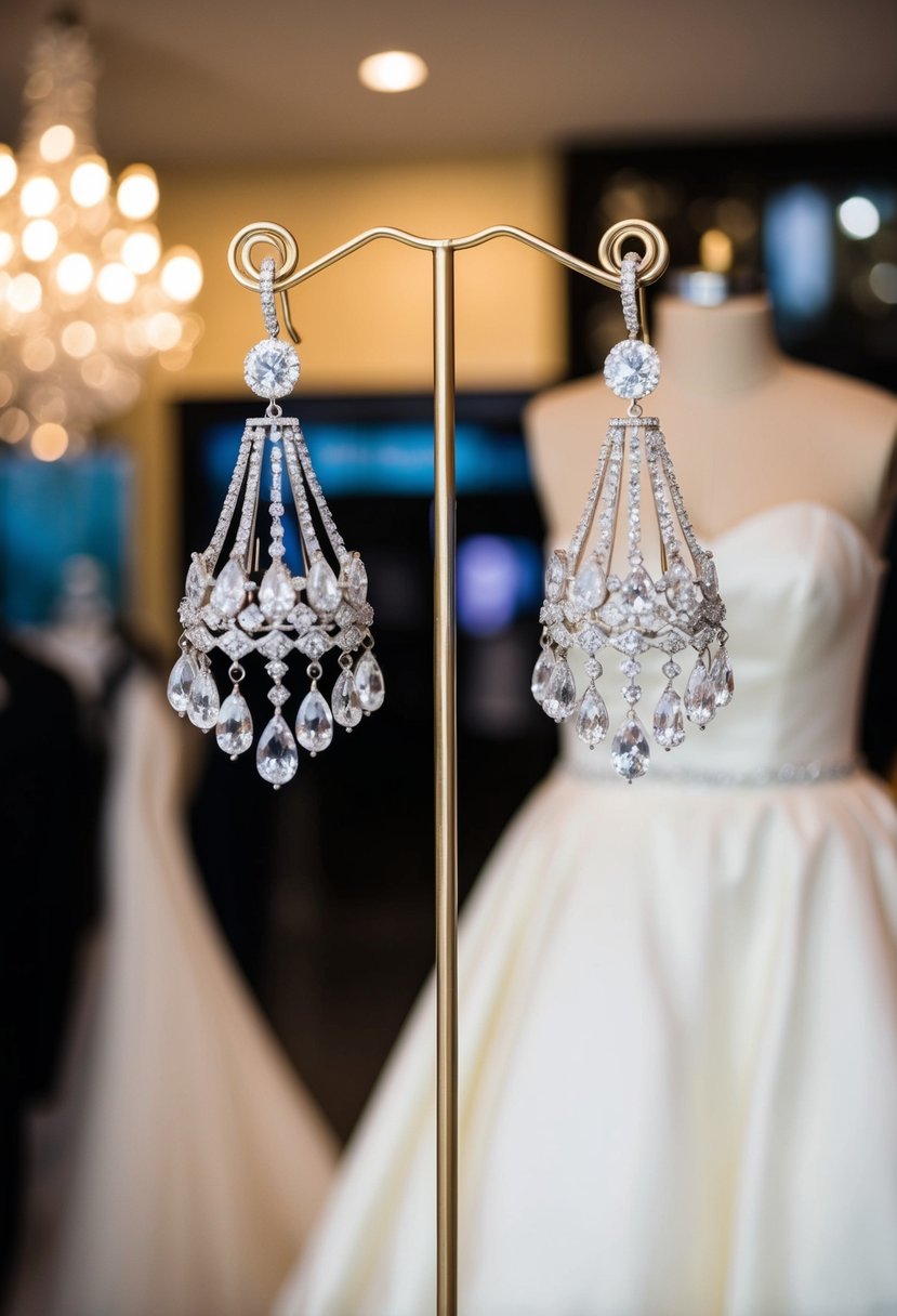 A luxurious pair of chandelier earrings hanging from a display stand, with a strapless wedding dress in the background