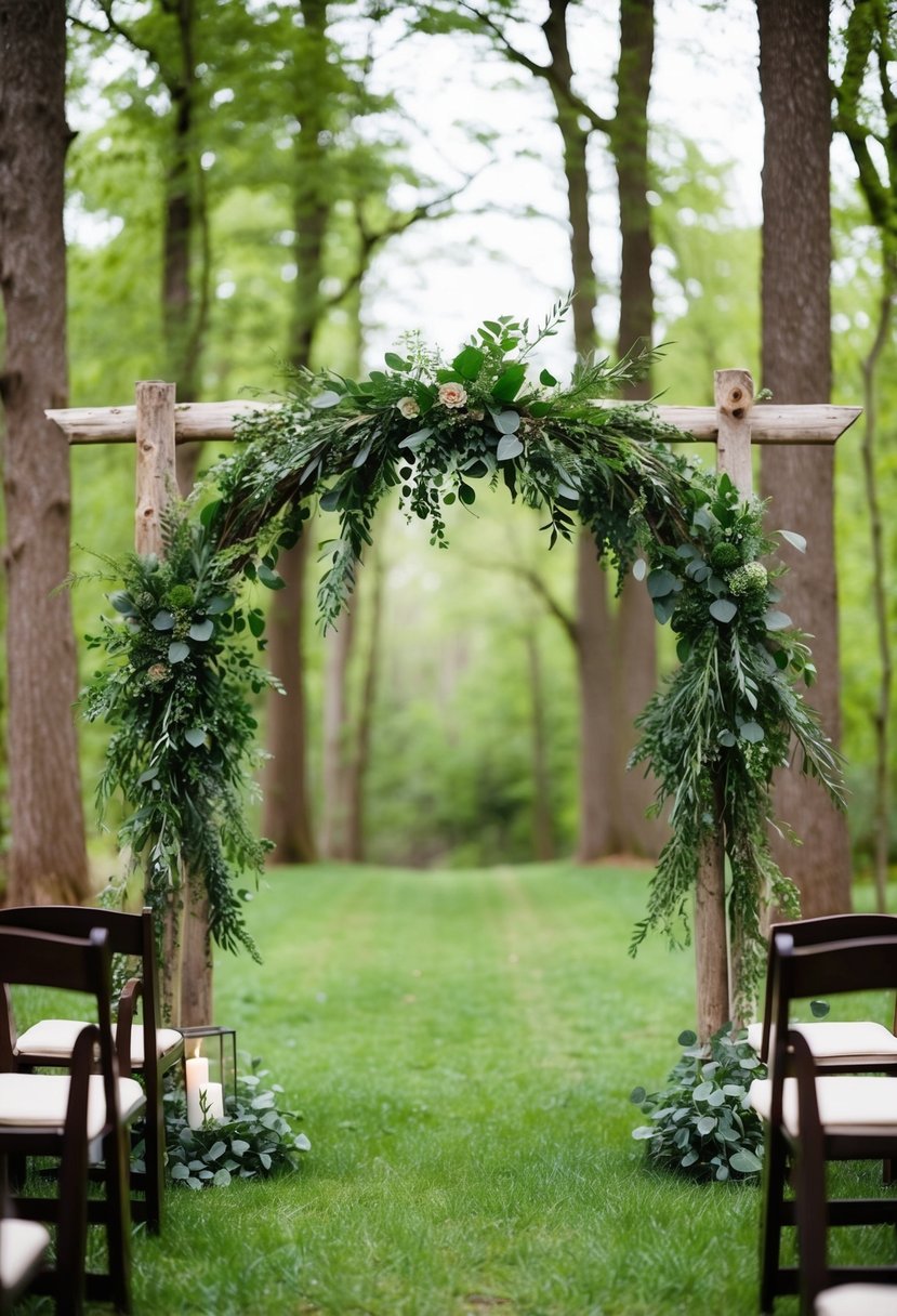 Lush greenery garlands adorn rustic wooden arches in a woodland wedding setting, creating a magical and enchanting atmosphere