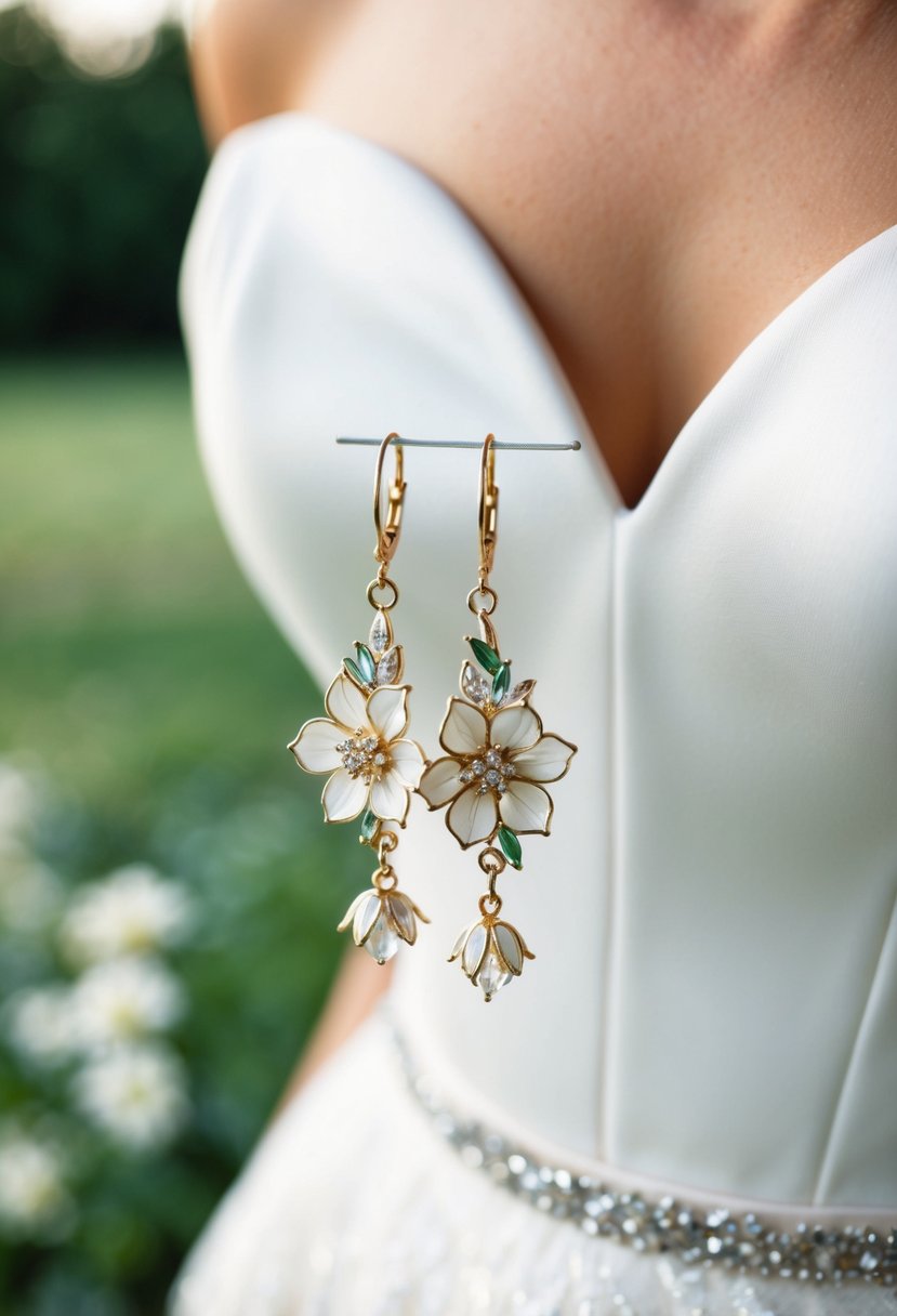 A pair of elegant floral drop earrings dangle delicately against the backdrop of a strapless wedding dress, exuding a sense of glamour and sophistication