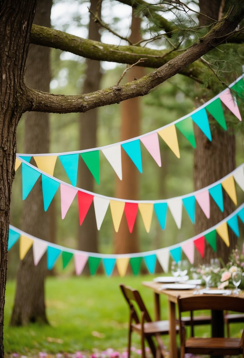 Colorful bunting hangs from tree branches, surrounded by woodland wedding decor