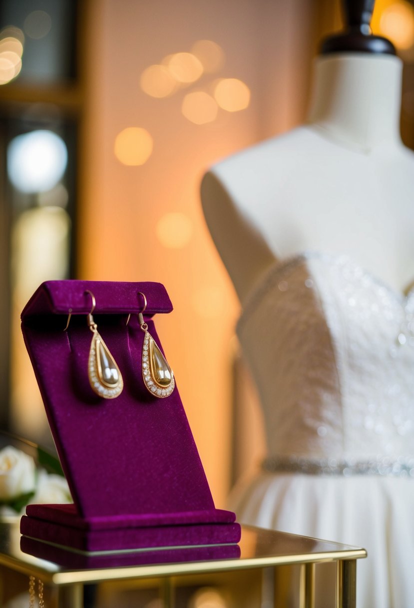 Golden teardrop earrings on a velvet display, next to a strapless wedding dress on a mannequin