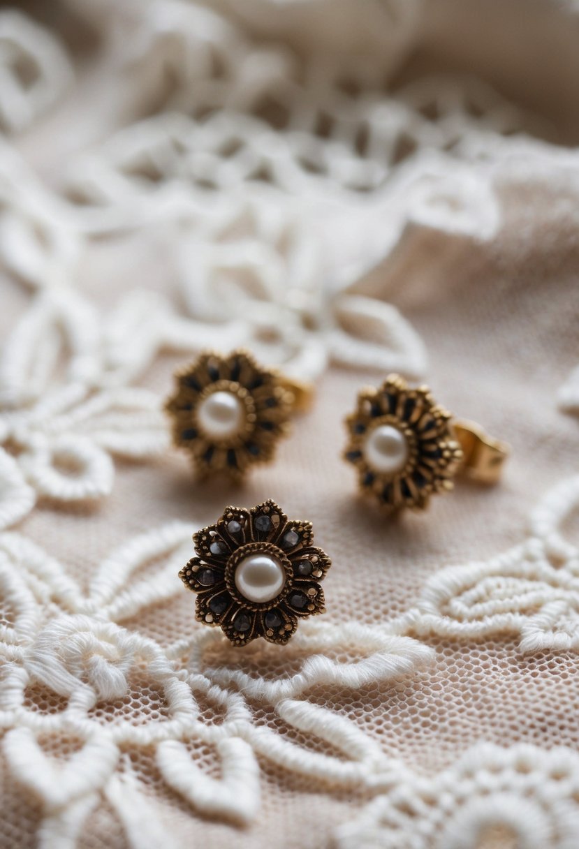 A close-up view of vintage-inspired clip-on earrings on a lace fabric background, with delicate details and a romantic feel