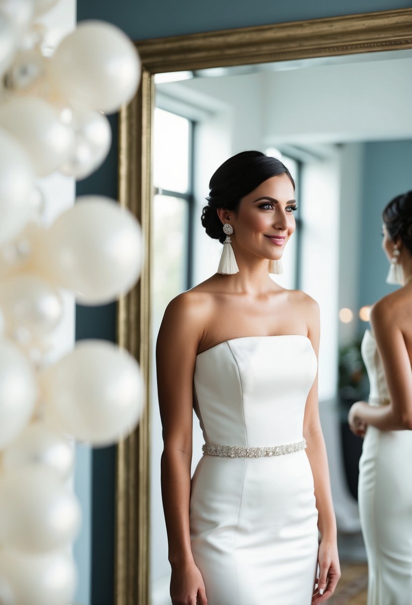 A bride wearing a strapless dress with modern tassel earrings, standing in front of a mirror