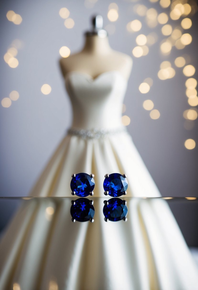 A close-up of sapphire stud earrings against a backdrop of a strapless wedding dress