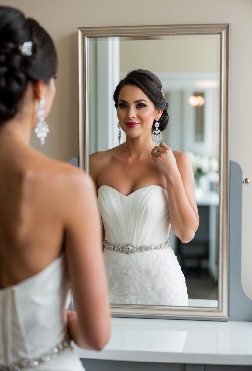 A bride admires herself in the mirror, wearing Art Deco Dangles wedding earrings, perfectly complementing her strapless dress