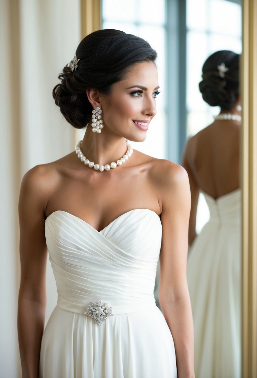 A bride wearing a strapless dress with chic pearl cluster earrings, standing in front of a mirror