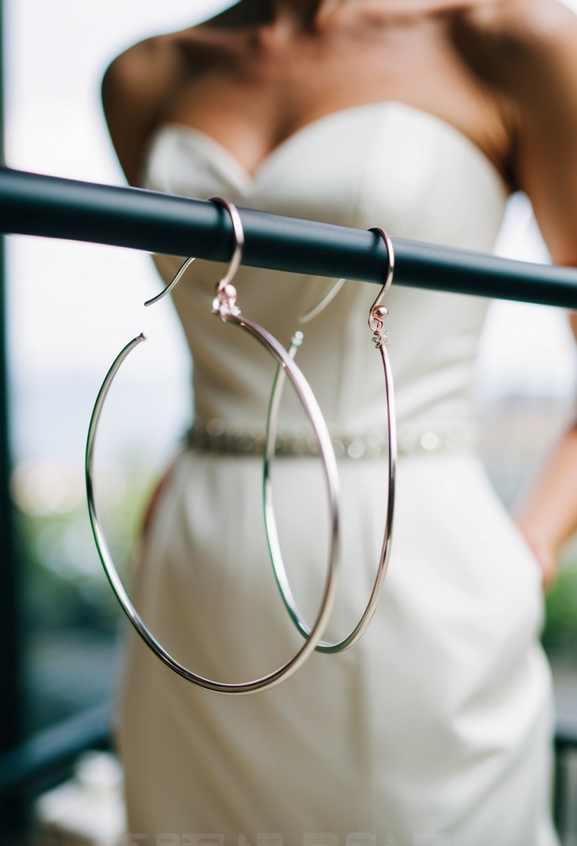 A minimalist silver hoop earring suspended in front of a strapless wedding dress