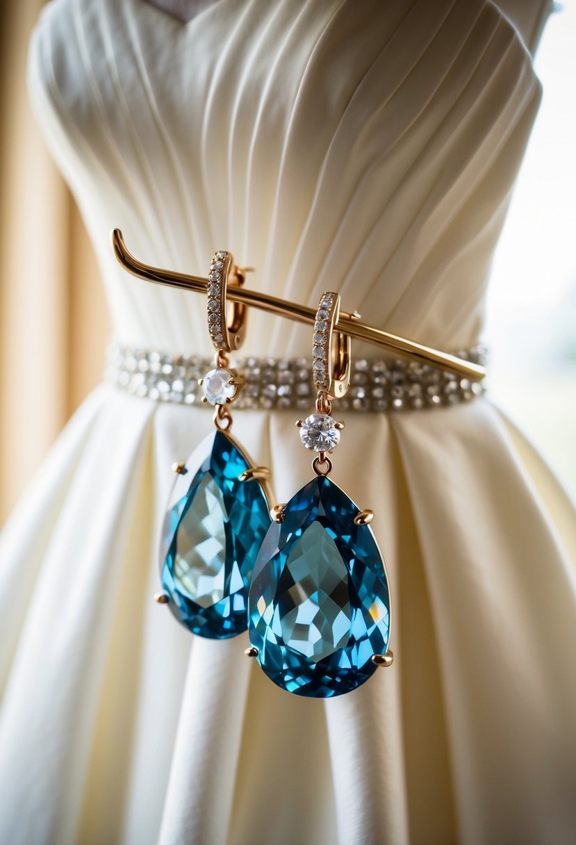 A pair of bold gemstone drop earrings hang elegantly against a backdrop of a strapless wedding dress, catching the light and adding a touch of glamour to the ensemble