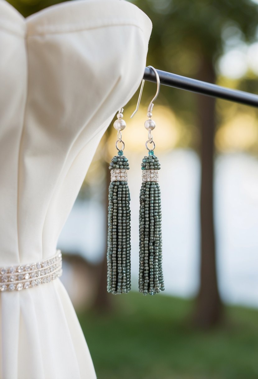 A pair of elegant beaded tassel earrings hanging against a backdrop of a strapless wedding dress