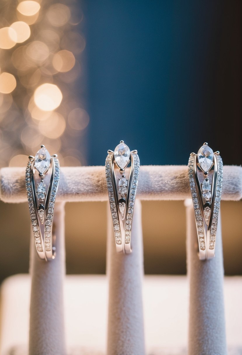 A close-up of three elegant wedding earrings arranged on a velvet display, catching the light with their intricate designs and sparkling gemstones