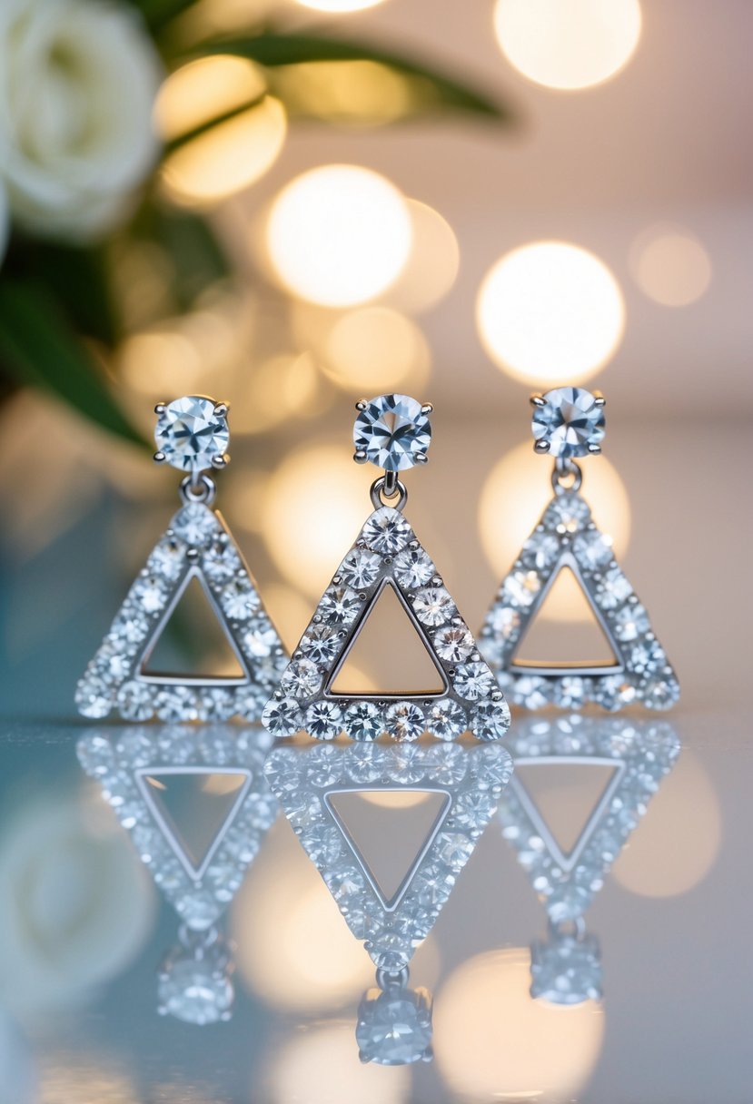 Three sparkling crystal earrings arranged in a triangle, reflecting light in a wedding setting