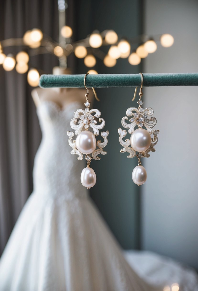 A pair of elegant Baroque pearl earrings hanging from a velvet display against a backdrop of a strapless wedding dress