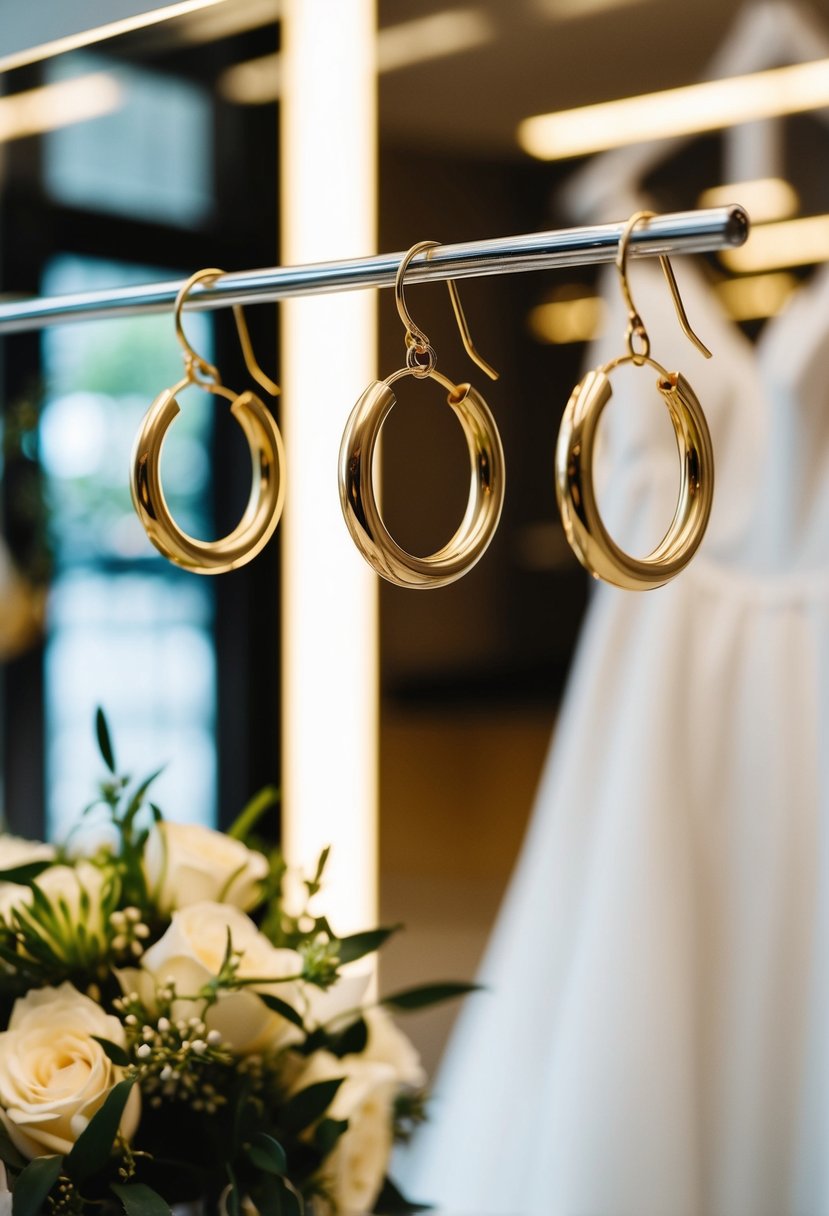 Three delicate gold hoops dangle from a display, catching the light. A wedding dress and bouquet sit nearby, suggesting a bridal setting