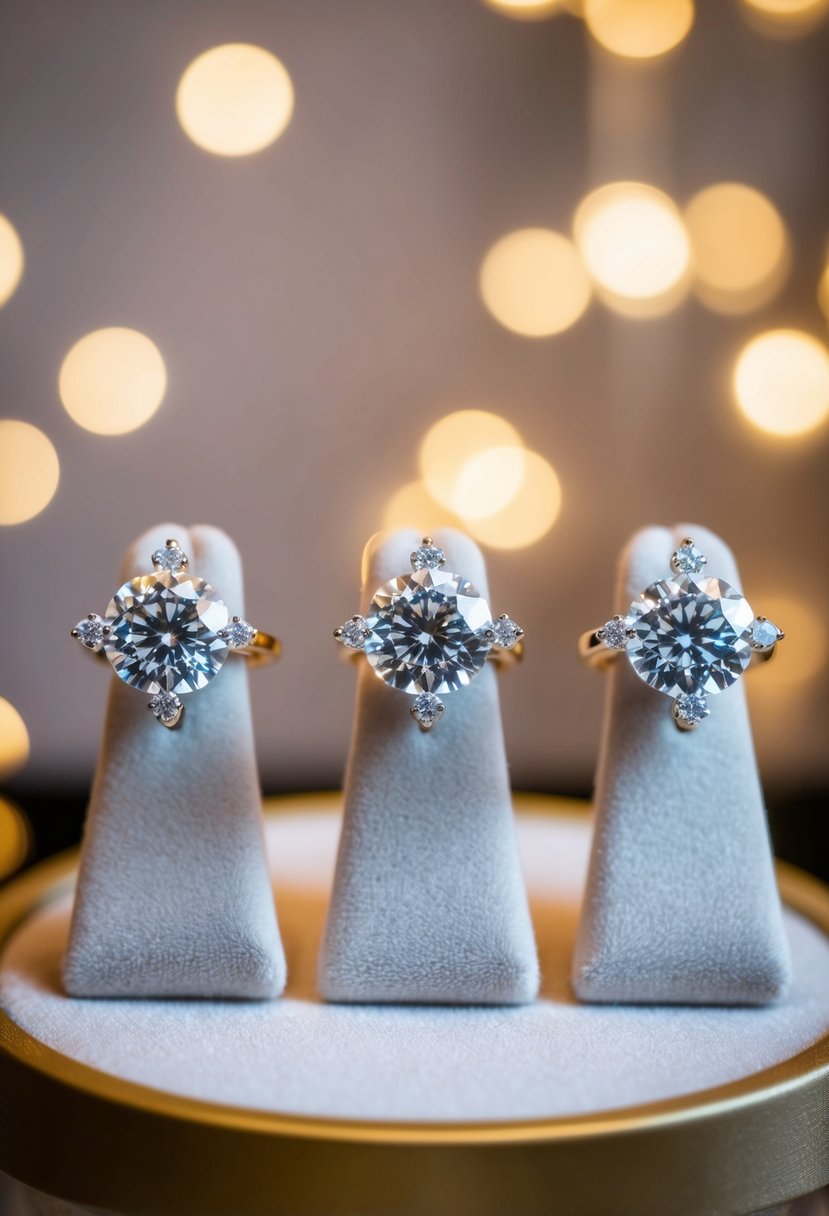 Three elegant diamond earrings arranged in a trio on a velvet display, with soft lighting highlighting their sparkle