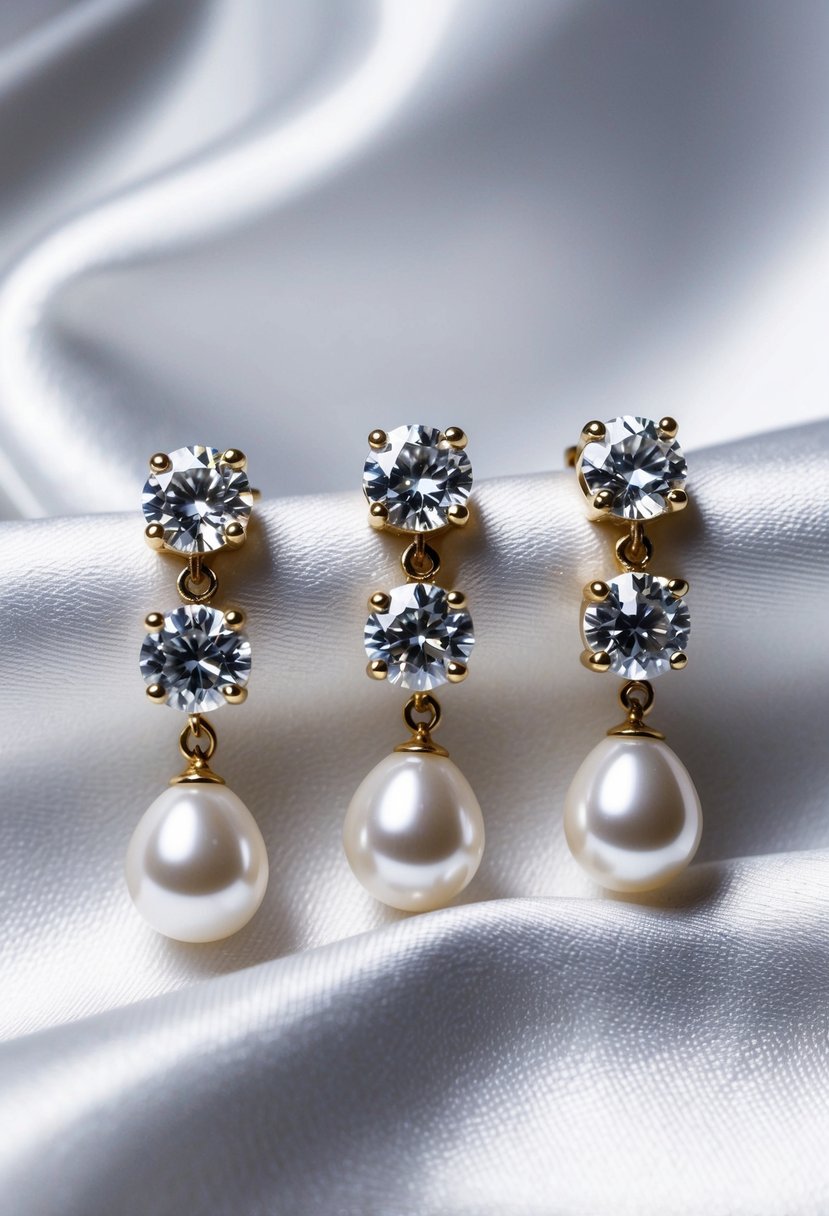 A sparkling triple piercing earring set with pearl and diamond drops on a white satin background