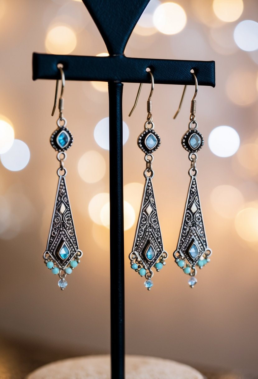 Three dainty dangle earrings in bohemian style, featuring intricate patterns and delicate gemstones, hanging from a display stand