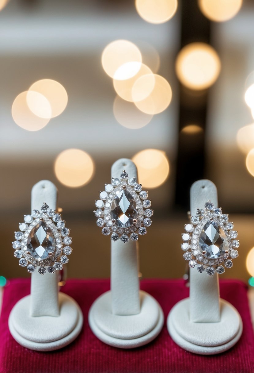 Three sparkling Swarovski earrings arranged on a velvet jewelry display, catching the light