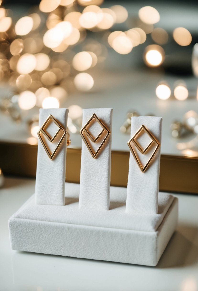 Three gold geometric earrings arranged in a trio on a white velvet display