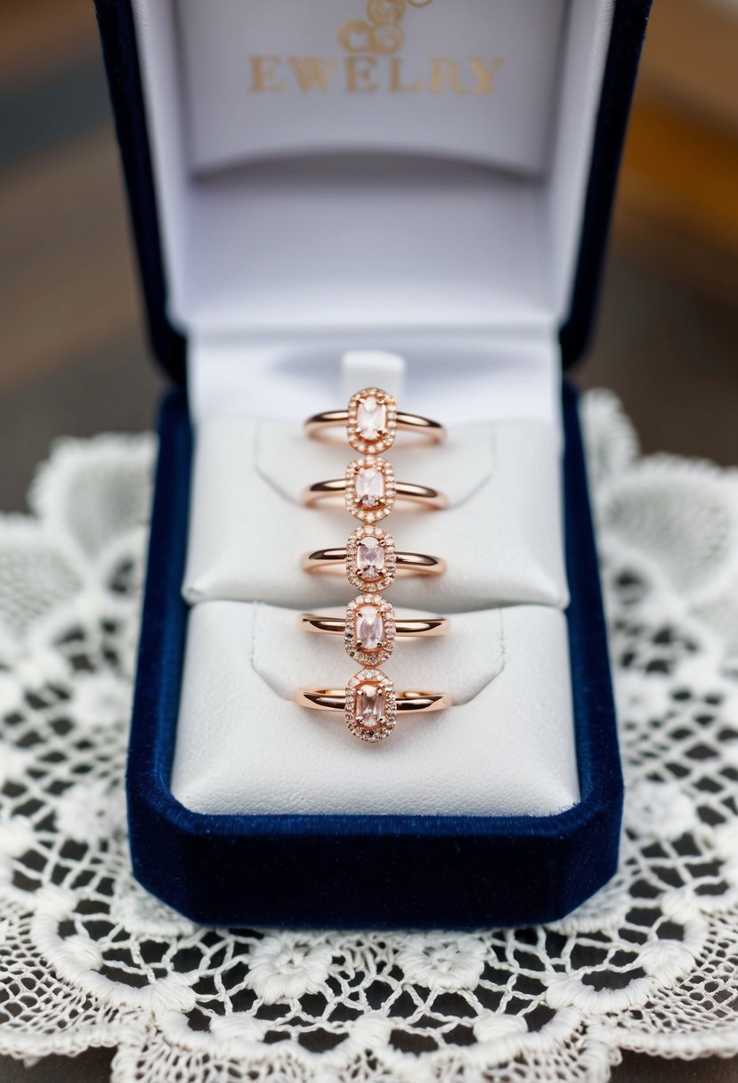 A delicate trio of rose gold stack earrings arranged on a lace-lined jewelry display