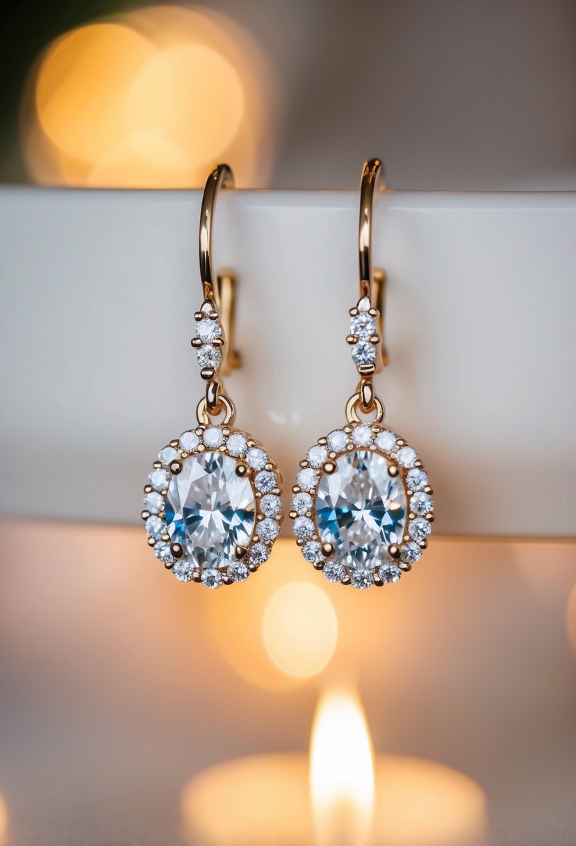 A pair of elegant diamond-studded earrings, with a classic design and timeless appeal, glimmering under the soft glow of candlelight at a romantic wedding reception