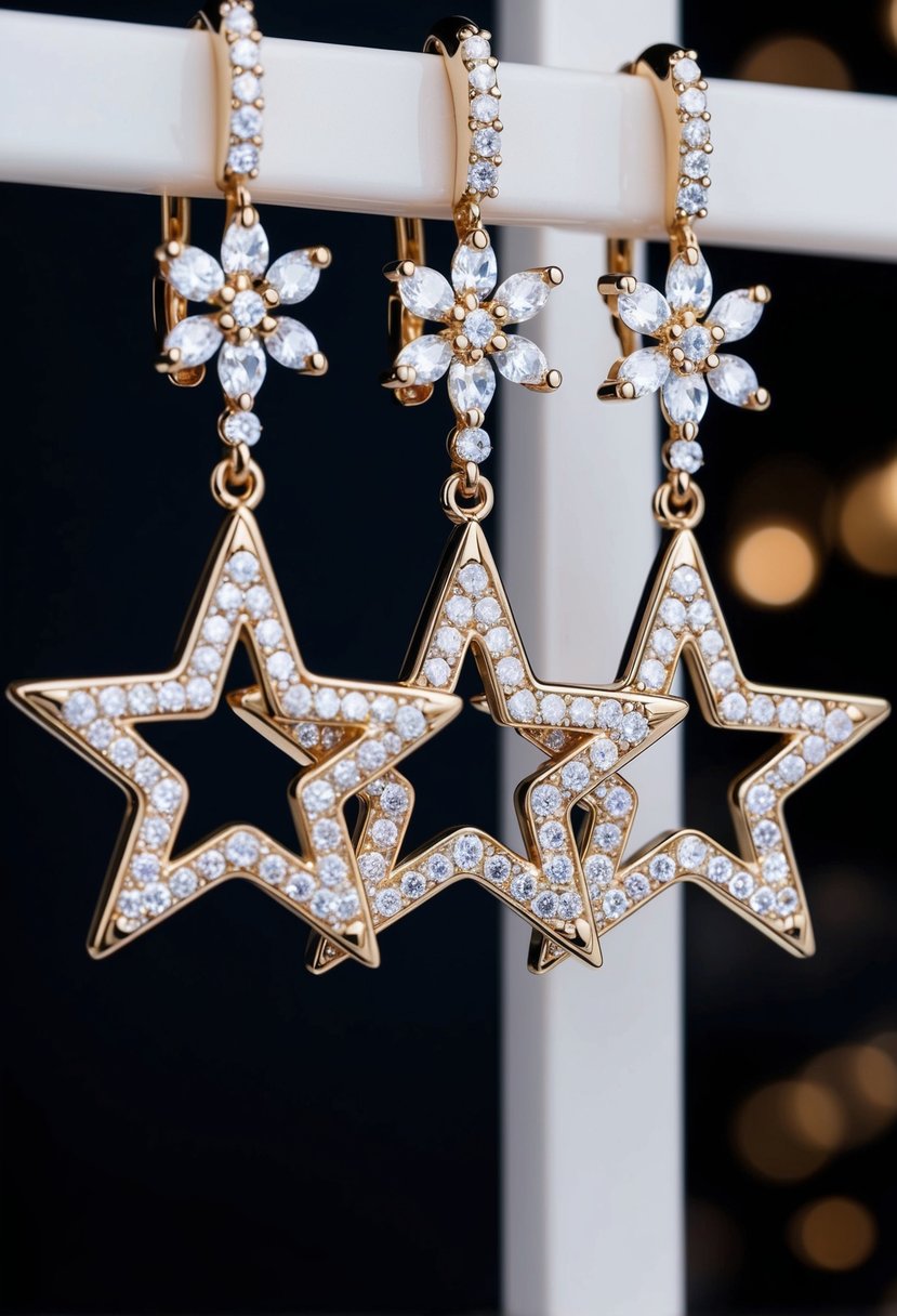 Three sparkling, star-shaped earrings hang in a row, each with three delicate lines of diamonds. The background is dark, emphasizing the brilliance of the jewelry